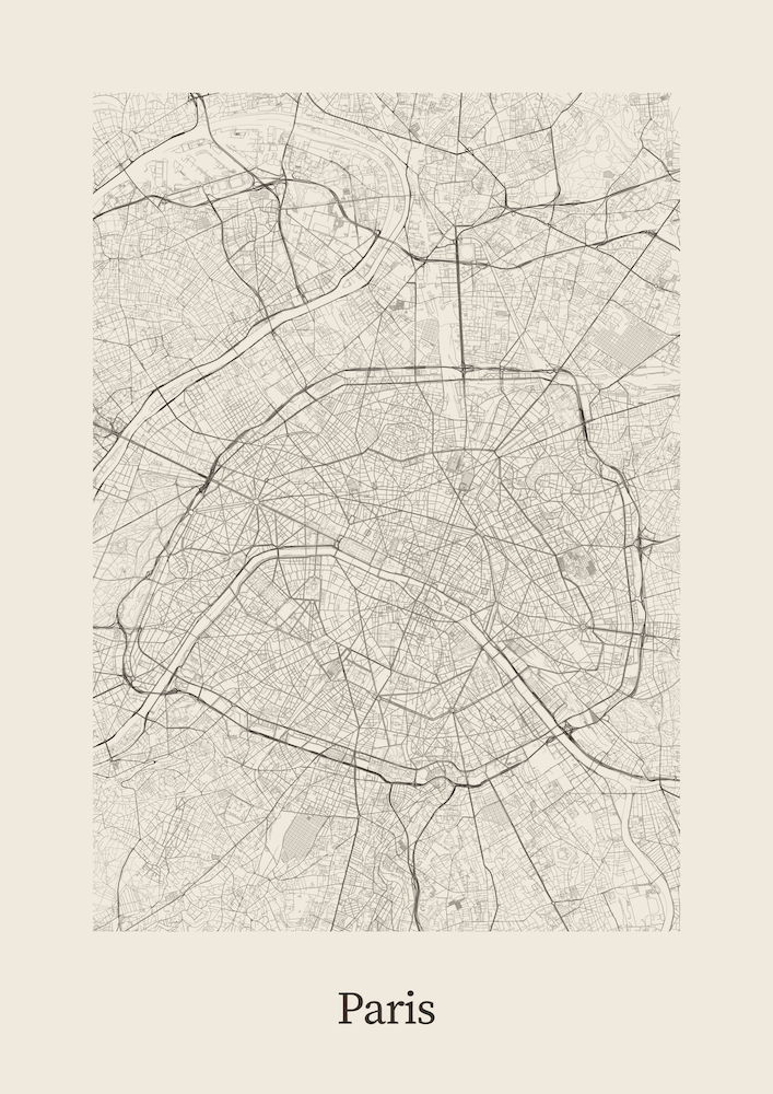 Roads Paris portrait ready-to-print map preview
